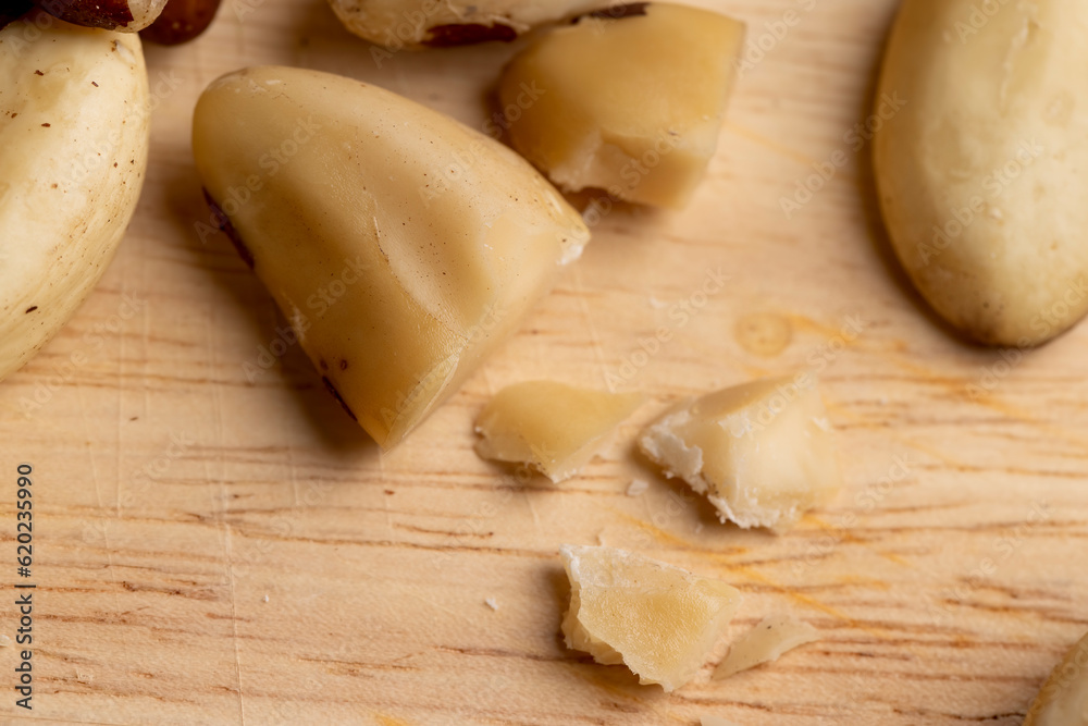 High-quality Brazil nuts peeled from the shell on the table High-quality Brazil nuts peeled from the shell on the table