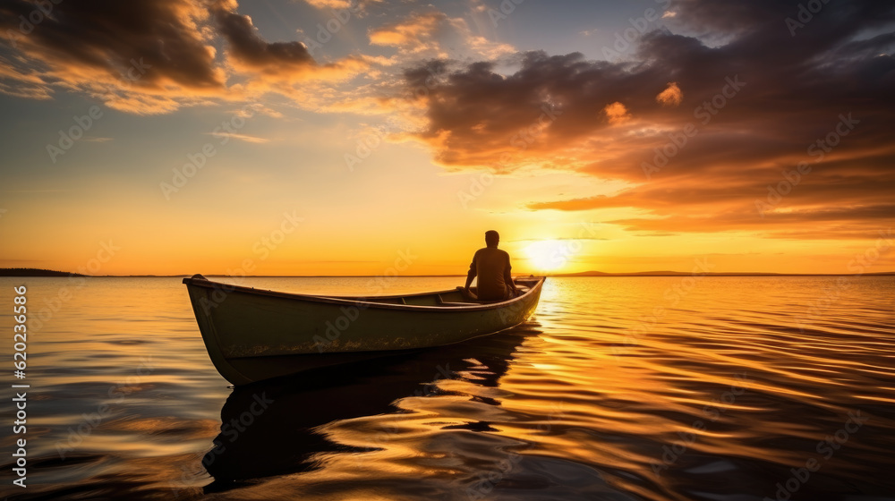 person in boat contemplating the sunset