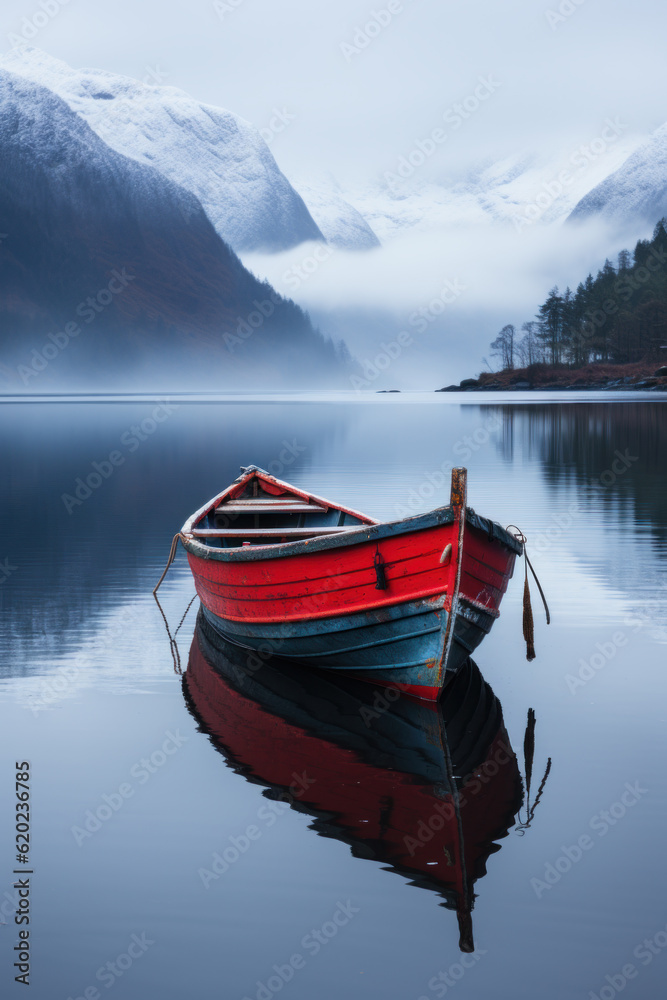 boat on a moody misty lake