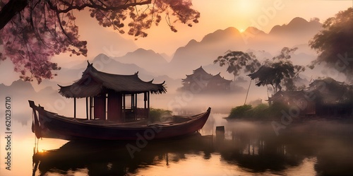 Fog on the river  with Asian-style houses and boats on it  against the backdrop of mountains.