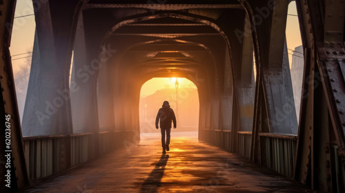 person silhouette walking on bridge at golden light of sunrise