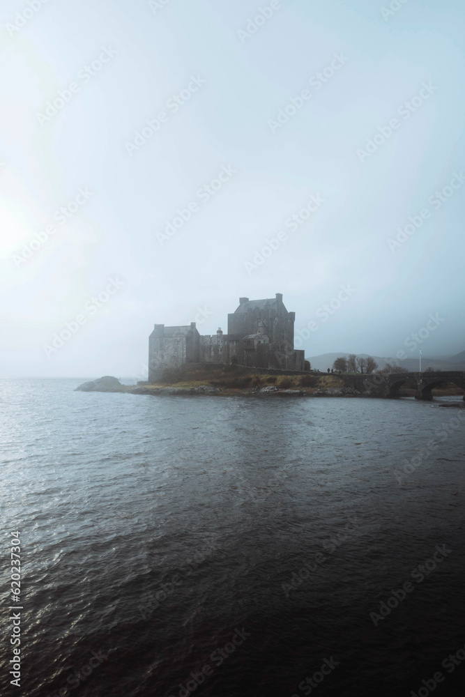 Misty view of Eilean Donan Castle, United Kingdom