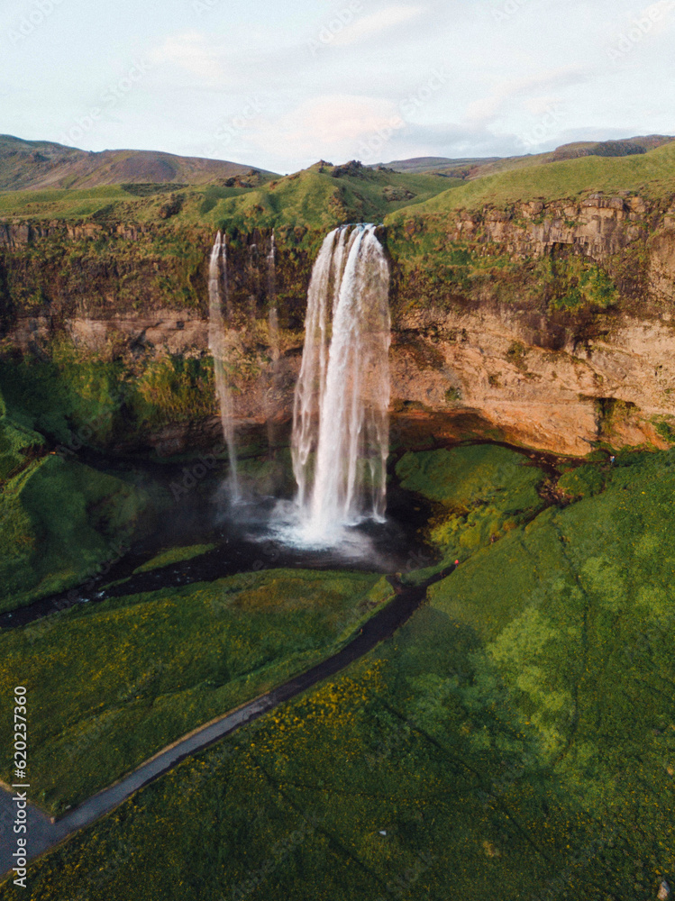 Drone shot of Seljalandsfoss waterfall in Iceland