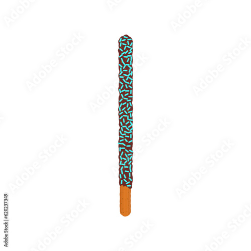 Chocolate chip cookie sticks dipped in sprinkles. Decorated popping candy for Pepero day in Korea. Frosted biscuit straw dessert. Vector illustration