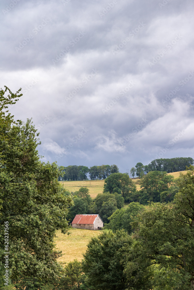 Paysage rural et nuageux du Cantal