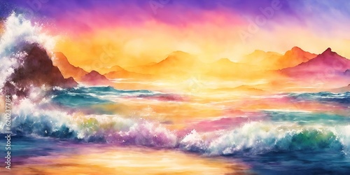 Watercolor sea turquoise waves with foam near the shore.