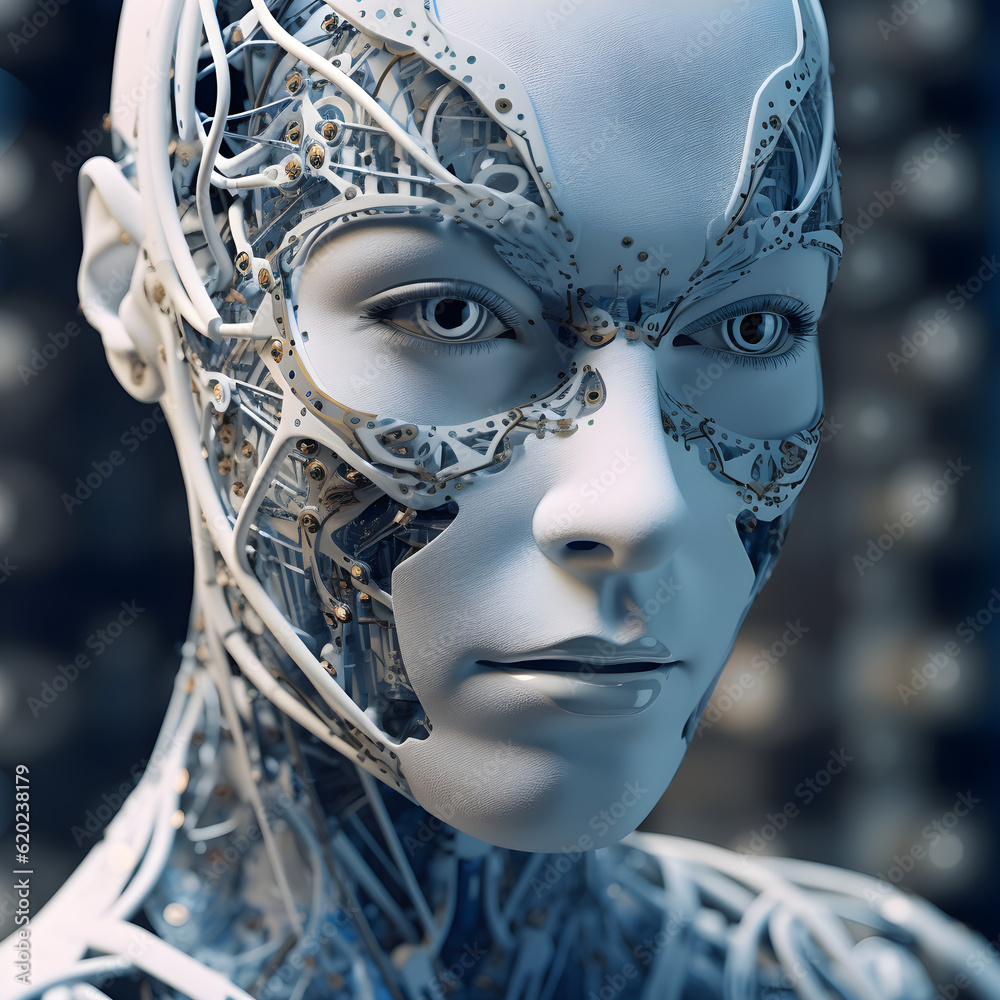 A robot android face with blue eyes close-up. Generative AI
