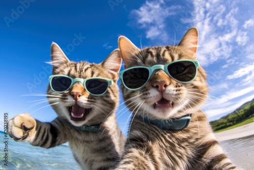 Two cats are taking selfies on a beach wearing sunglasses, sunny day with blue water