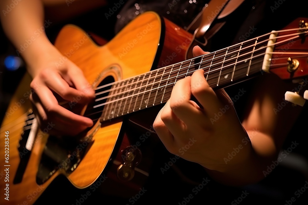 Obraz premium Person playing guitar, musical instrument representing (Ai generated)