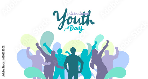 International Youth Day Banner With Calligraphy Hand Drawn Young People Sillhouette