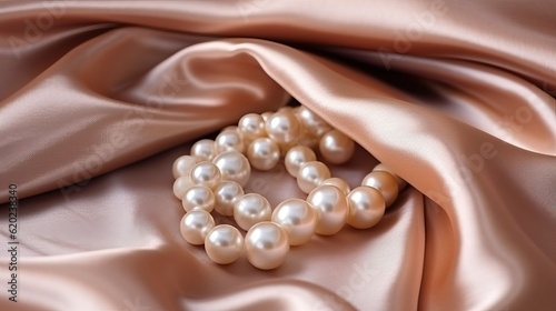 Luxurious Elegance: A Beautiful Pearl Necklace Glistening on a Delicate Silk Fabric, Perfect for High-End Fashion and Jewelry Concepts