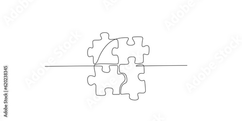 Continuous single line drawing of four puzzle pieces fitting together. Single line drawing of puzzle pieces for ideas, business strategy, thinking process, creativity, problem solving. Editable stroke