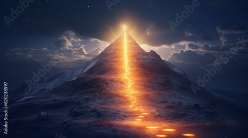 Illustration of a majestic mountain peak illuminated by a brilliant light