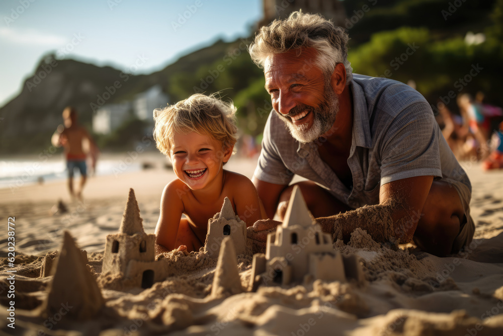 Memories in the Sand: Grandparent and Child Create Joyful Sandcastles on a Seaside Holiday, Filled with Love and Laughter
 - obrazy, fototapety, plakaty 