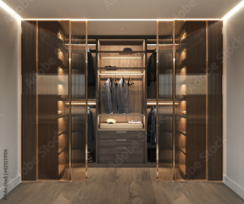 Luxury studio apartment loft style in dark colors. Stylish modern room area with wooden wardrobe. 3d rendering. High quality 3d illustration