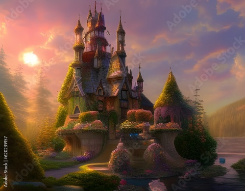 Beautiful fairy tale castle in the forest. Illustration AI generated