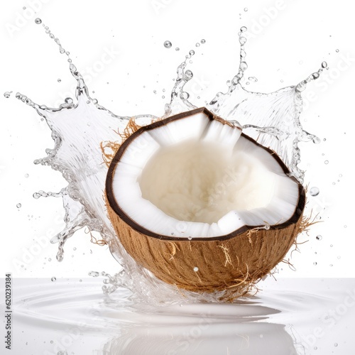 Fresh coconut in water splash on white backround. Juicy fruit. Generative AI