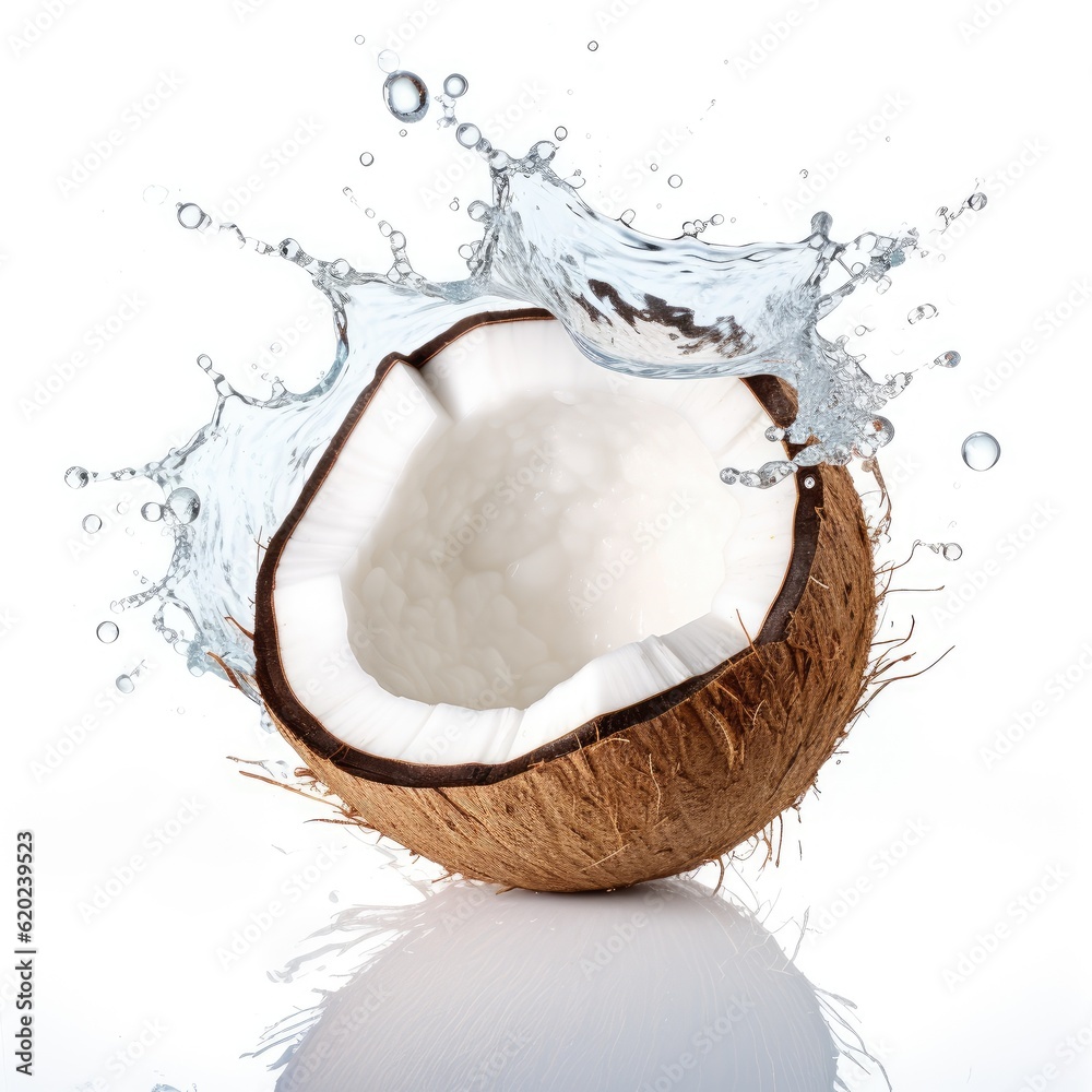 Fresh coconut in water splash on white backround. Juicy fruit. Generative AI