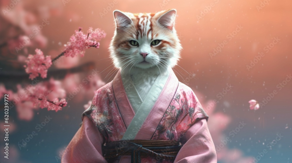 The cat karate fighter in a kimono illustration genera.Generative AI