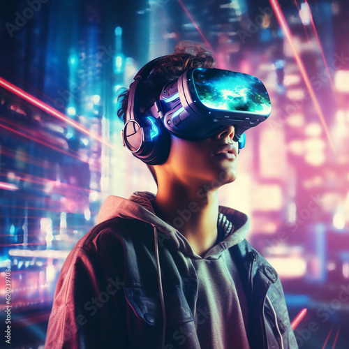 Futuristic Innovation in Metaverse Technology: Man Wearing VR Glasses, Exploring Virtual Global Internet Connection, and Embracing New Experiences in the Metaverse Virtual World