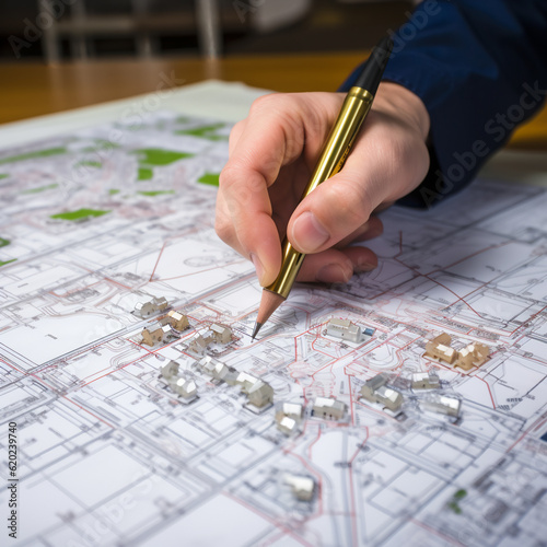 Hand Holding Pencil: Choosing and Buying a Building Plot on Cadastral Map for House Construction