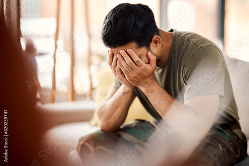 Man with trauma, stress and mental health, sad with problem and therapy, depressed and thinking about abuse. Male person in crisis, depression and pain at home, burnout and anxiety with psychology