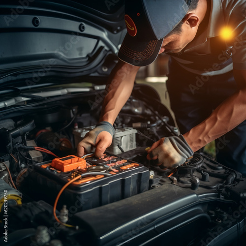 Expert Car Mechanic Performing Electric Battery Repair and Maintenance: Ensuring Efficient Electrical System Functionality