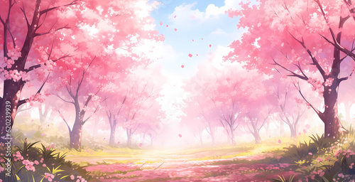 hand drawn cartoon beautiful blooming cherry blossom landscape illustration 