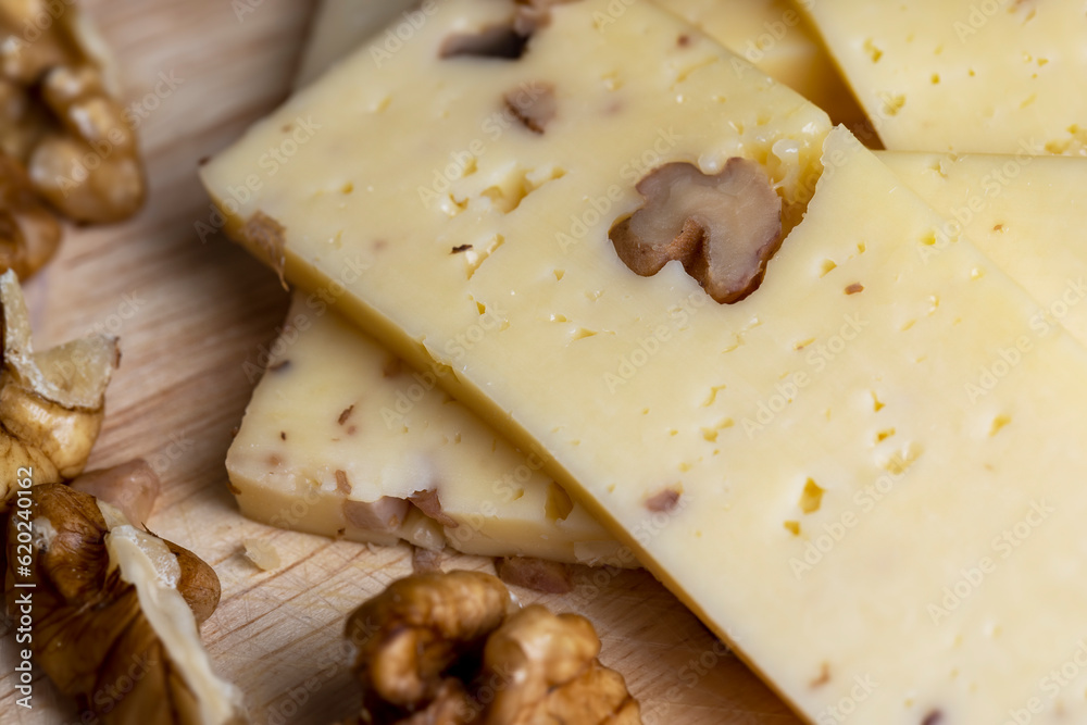 Sliced piece of milk cheese with walnuts