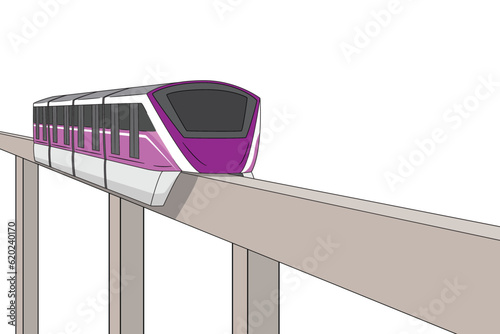 Concept of violet or purple color passenger car Monorail sky train with monorail rail drawing in colorful cartoon vector