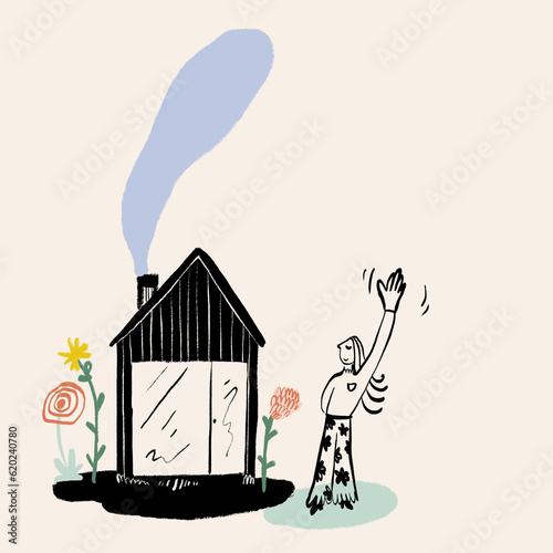 Hand drawn image of female standing near house with raised arm photo