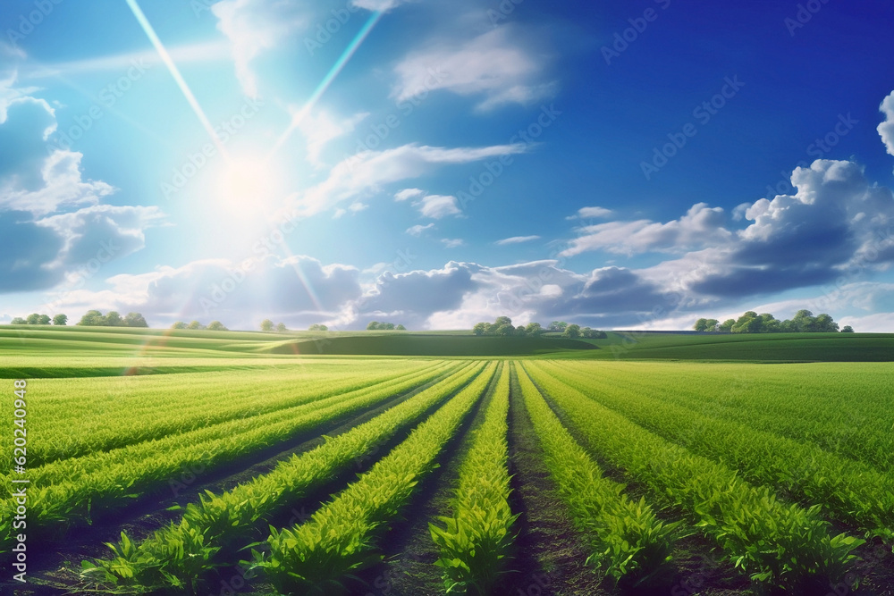 Beautiful background with landscape of farm fields, natural farming, soil health, environmental stewardship. Generative AI