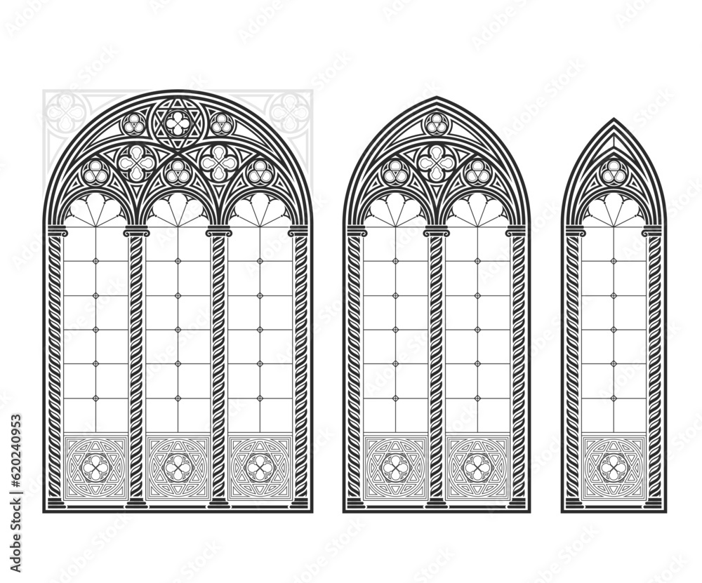 Medieval Gothic stained glass cathedral window set - obrazy, fototapety, plakaty 
