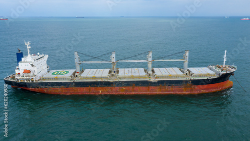 Self-unloading bulk carrier at Rio De La Plata anchorage. Aerial side view. photo