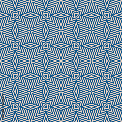 Vector geometric lines seamless pattern. Abstract background in blue and beige color. Retro vintage 1970s - 1980s style graphic texture with stripes, lines, rhombuses, repeat tiles. Trendy geo design