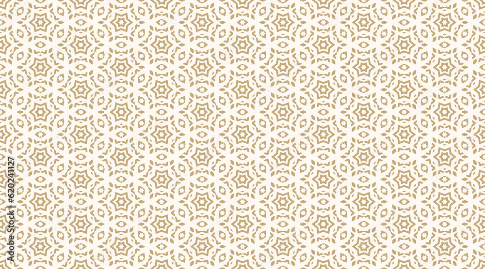 Vector ornamental seamless pattern. Golden abstract floral geometric texture with stars, diamonds, grid, lattice. Stylish gold and white ornament background, repeat tiles. Oriental style geo design