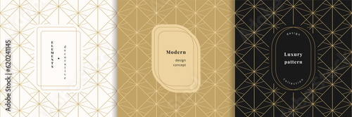 Vector golden linear patterns set with modern labels. Luxury minimal seamless ornaments, grid texture, diamond lattice, net, mesh. Gold abstract minimalist backgrounds. Art deco style. Premium design