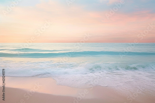 Beautiful seascape with soft wave on the beach at sunset time  neutral pastel tones. Generative AI