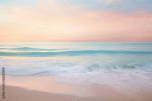 Beautiful seascape with soft wave on the beach at sunset time, neutral pastel tones. Generative AI