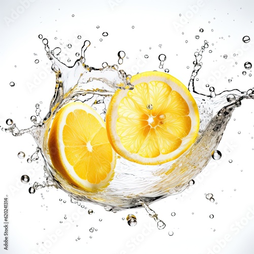 Fresh lemon in water splash on white backround. Juicy fruit. Generative AI