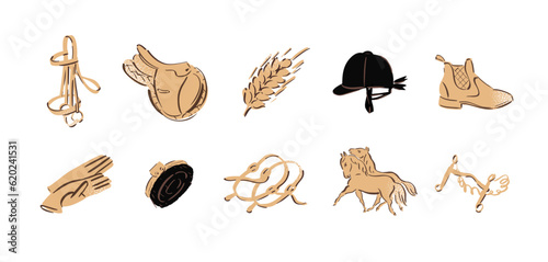 Horse riding icons for equestrian online shop, equine highlight covers for social media, horse sport illustration, outline style