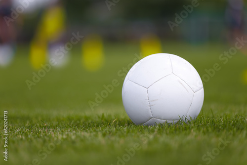 A Soccer Ball on the Lush Green Grass of the Soccer Pitch, Anticipating the Next Game. Soccer Football Classic Ball on Turf Field © matimix
