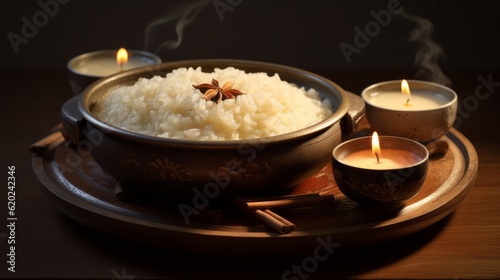 Food photography - Rice pudding in bowl on dark black table background (Generative Ai) photo