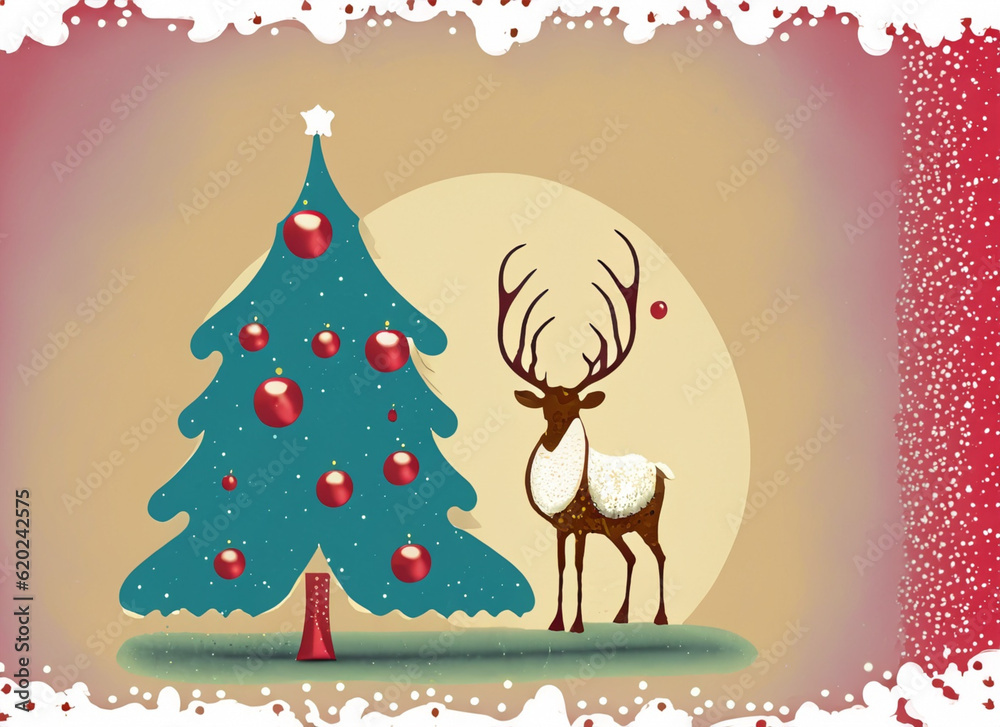 Naklejka premium christmas card with christmas tree and reindeer 