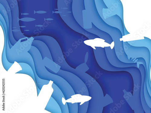 Paper craft underwater ocean cave with fishes, coral reef, seabed in algae, waves, plastic trash at bottom. Diving concept, deep blue marine life. Sea wildlife. Abstract contaminated undersea scene