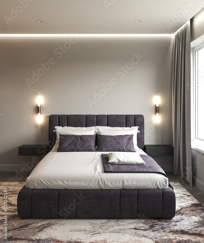 Luxury bedroom interior with bedding sheet dark tone, lighting and purple carpet. Modern style high quality 3d rendering illustration