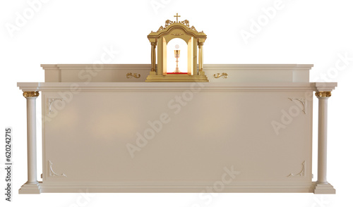 The tabernacle on the altar containing the consecrated host and the chalice with the consecrated wine, which are truly the Body and Blood of Our Lord Jesus Christ - 3D Illustration photo