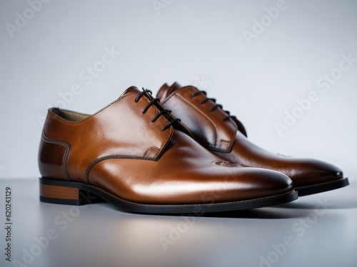 Brown leather pair of male shoes on white background. ai generative