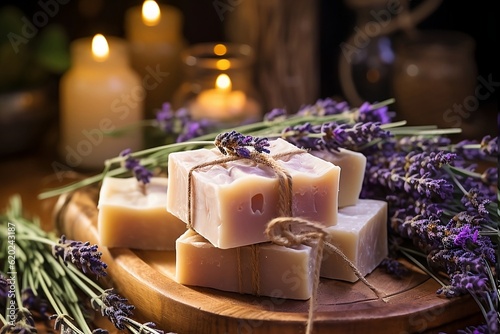 Bars of handmade soap with lavender flowers over wood grunge background.