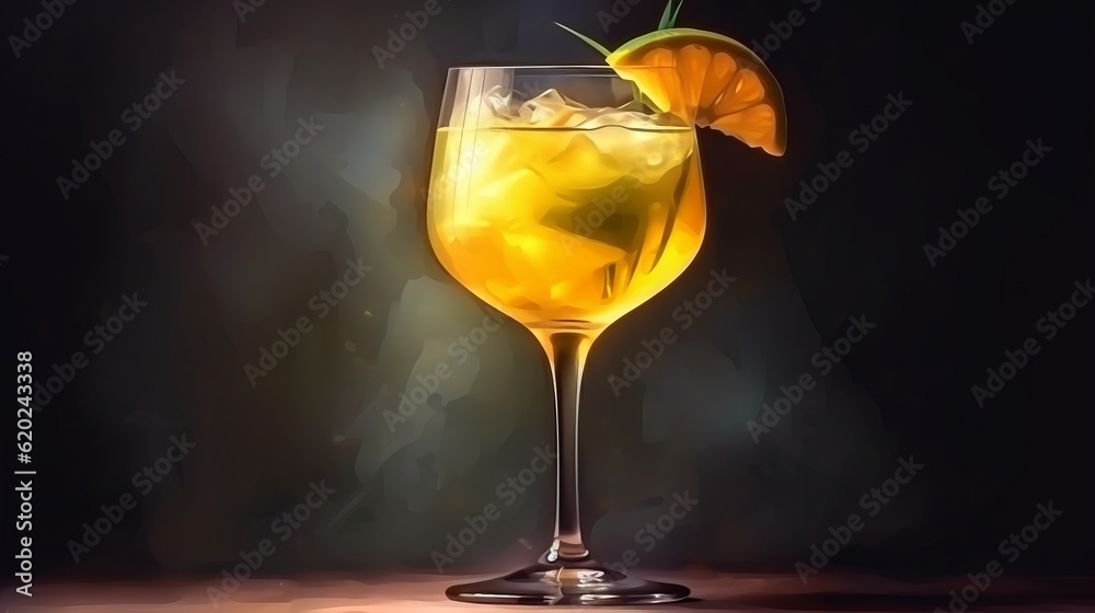 Illustration of a refreshing yellow cocktail with ice and a slice of lemon